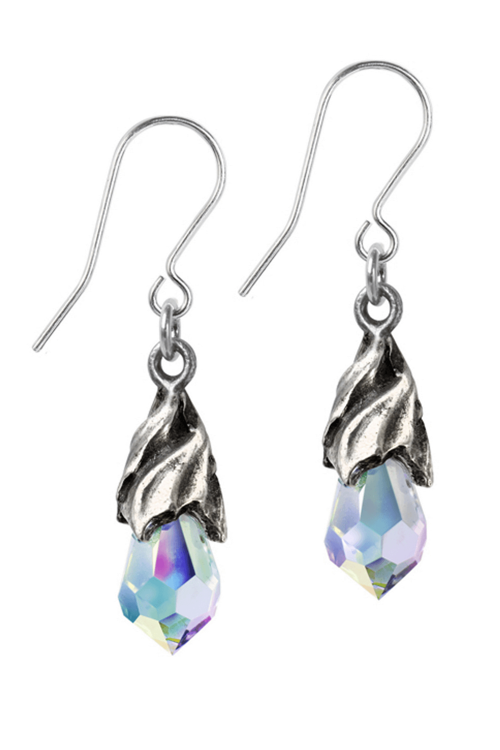 Empyrean Tear Earrings with clear Aurora crystal droplets and silver pewter mounting, perfect for gothic fashion.