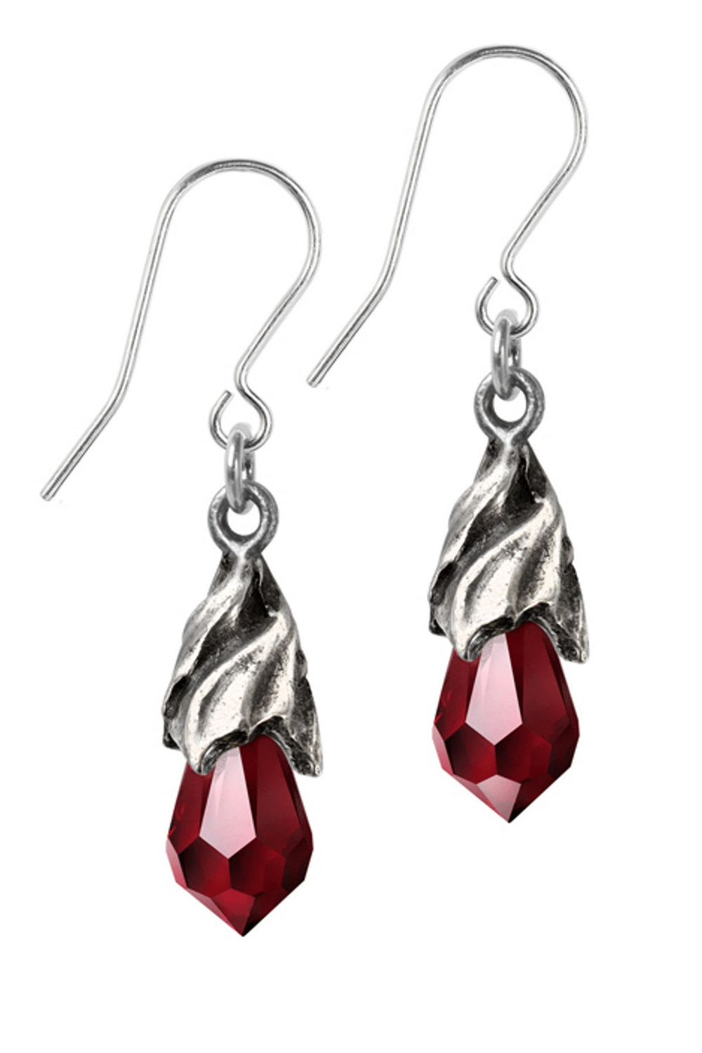 Stunning red Austrian crystal drop earrings with pewter design, perfect for a gothic style.