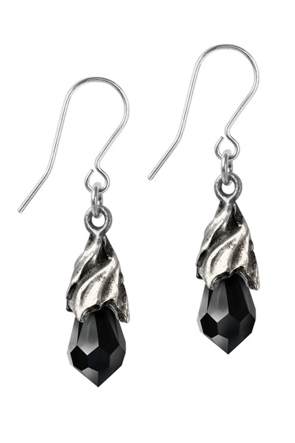 Elegant black Austrian crystal dropper earrings with pewter accents for gothic style.