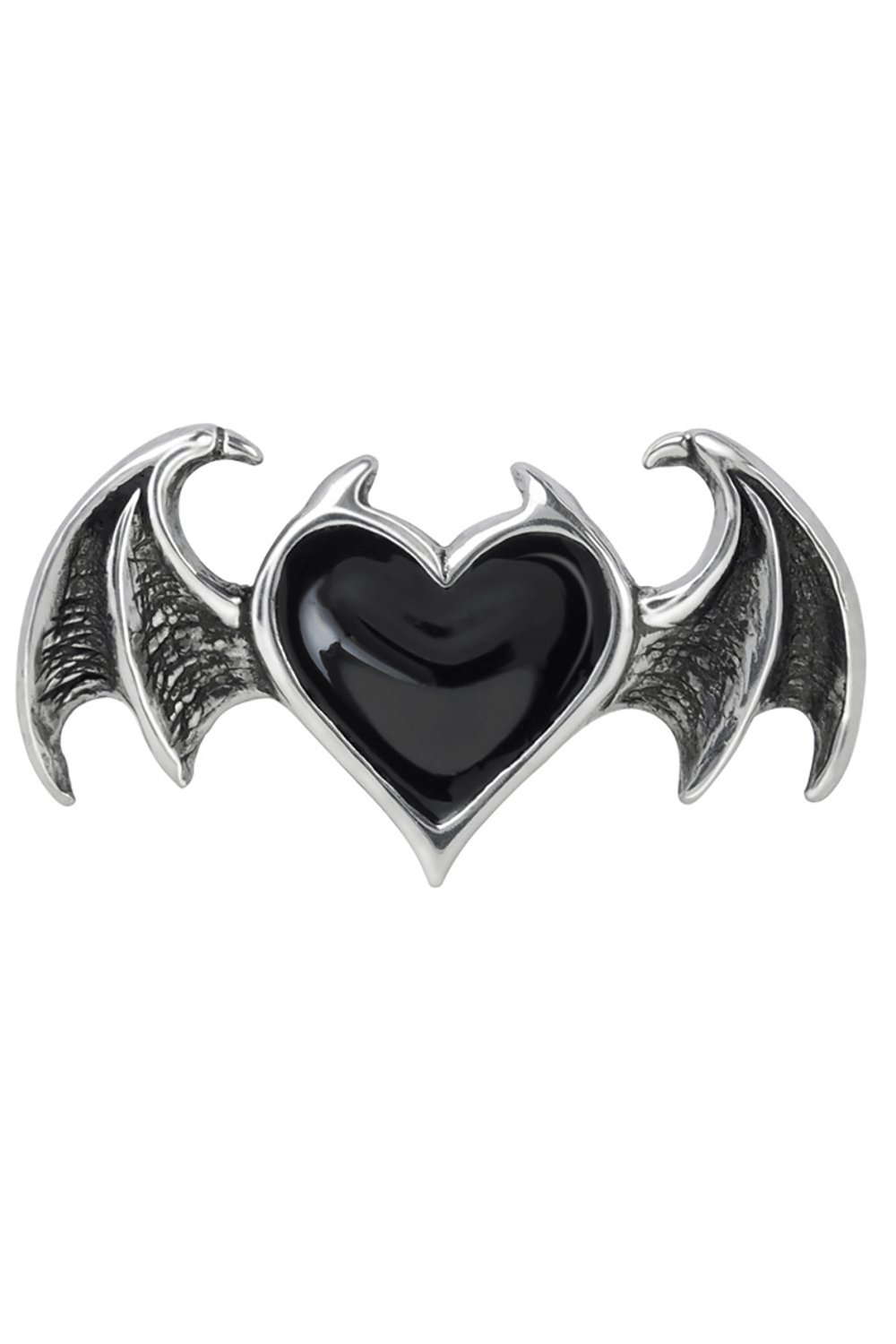 Gothic black heart ring with detailed bat wings, crafted from fine English pewter for dark fashion enthusiasts.