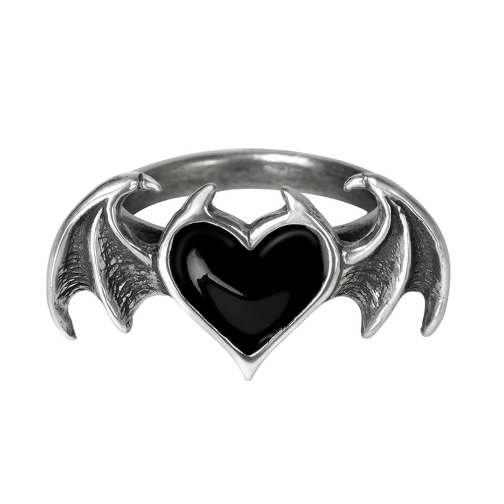 Enchanting black heart ring with bat wings, crafted from fine English pewter for gothic style.