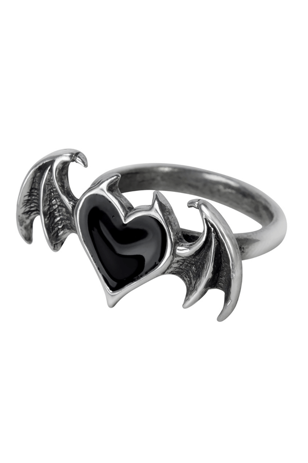Enchanting black heart ring with bat wings, crafted from fine pewter for gothic fashion lovers.