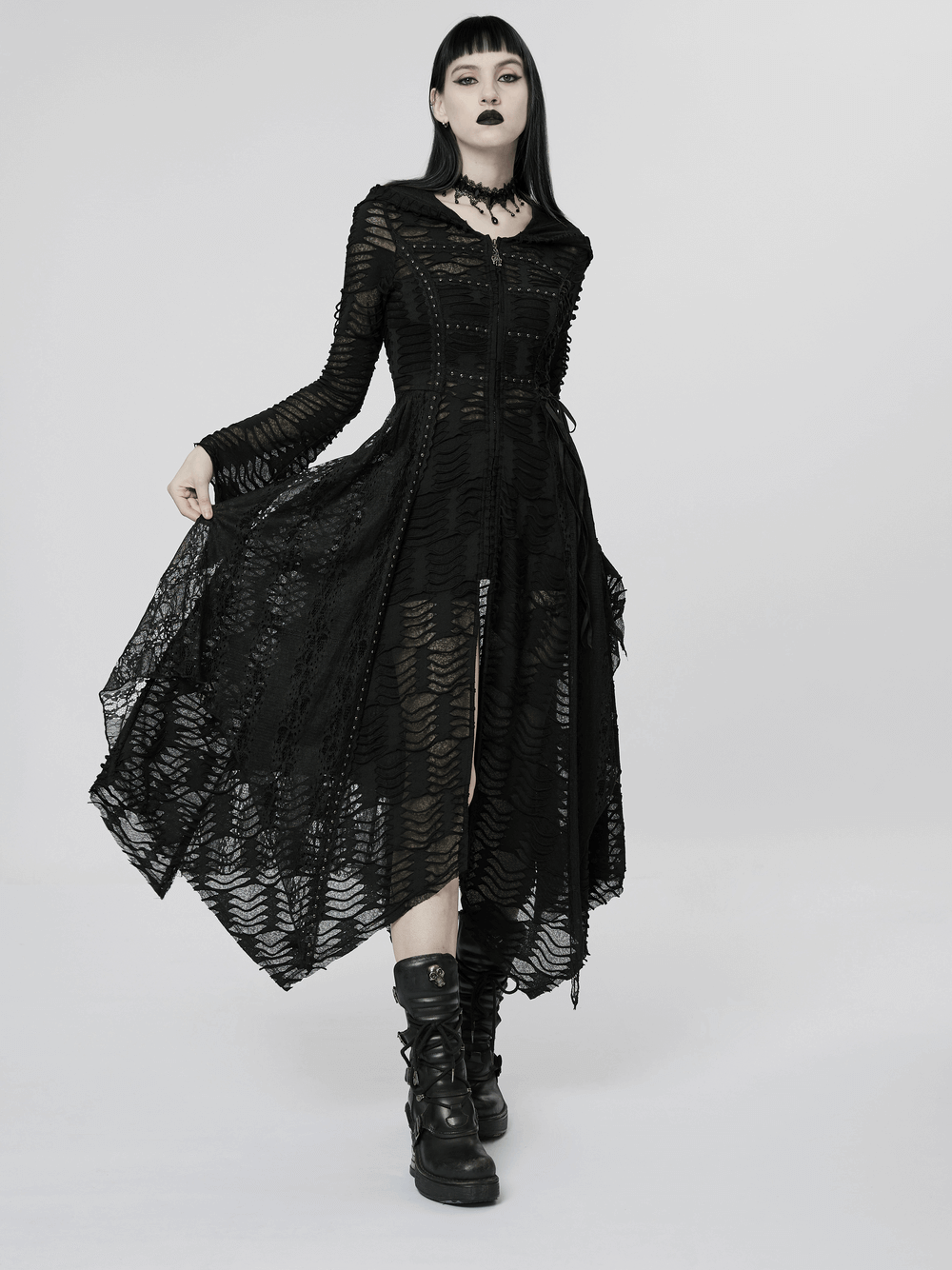 Mystique Wear's Enchanted Hooded Lace Dark Wizard Coat in black, featuring lace mesh and oversized hood for a mystical look.