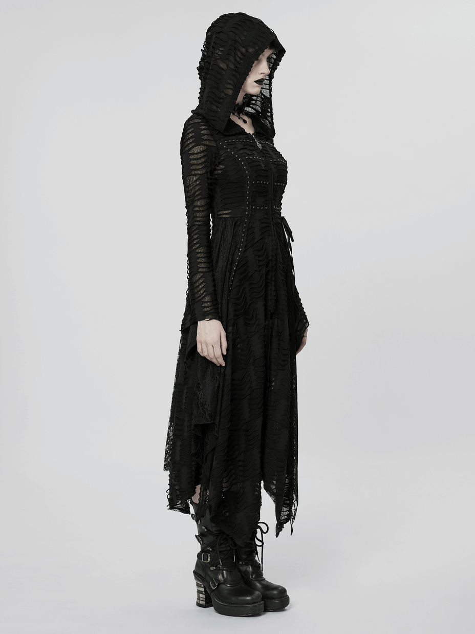 Side view of a model wearing an Enchanted Hooded Lace Dark Wizard Coat with a gothic vibe.