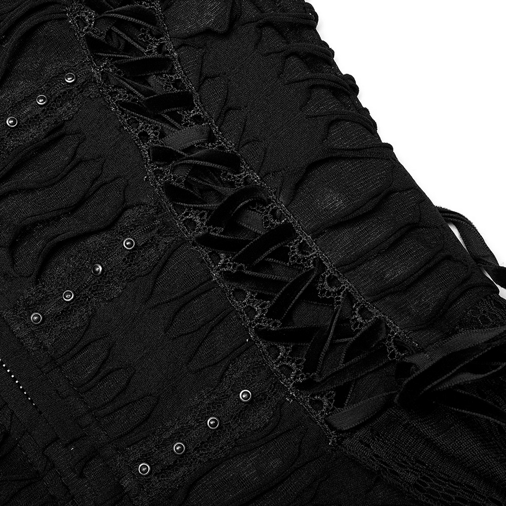 Close-up of the intricate lace and rivet detailing on the Enchanted Hooded Dark Wizard Coat by Mystique Wear.