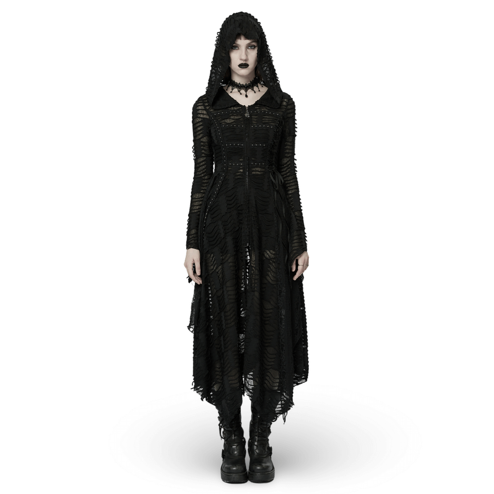 Mystical model in an Enchanted Hooded Lace Dark Wizard Coat, showcasing a hauntingly elegant design with a dramatic hood.