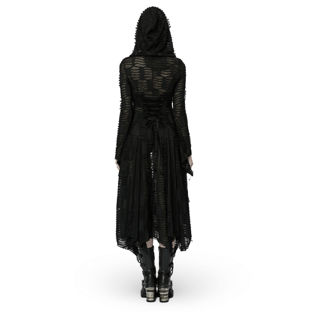 Back view of the Enchanted Hooded Lace Mesh Dark Wizard Coat showcasing intricate fabric and oversized hood.