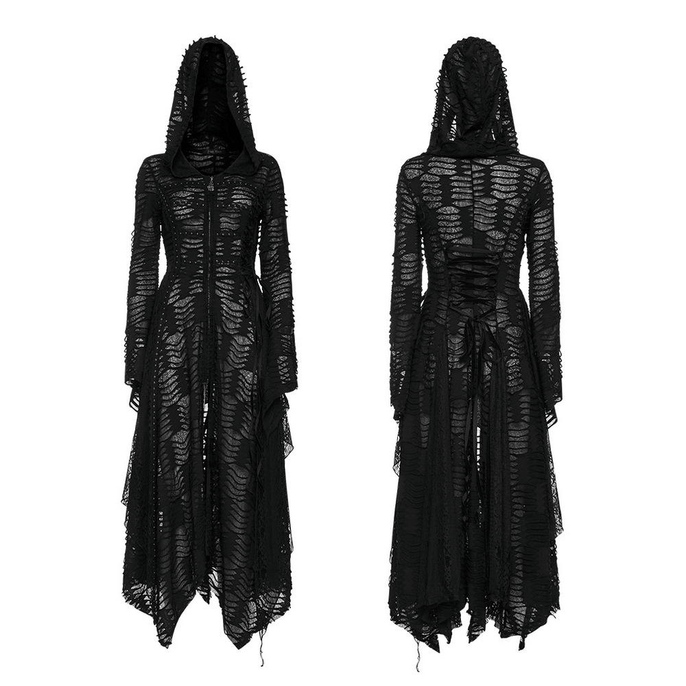 Enchanted Hooded Lace Dark Wizard Coat with asymmetrical hem and oversized hood, showcasing elegant lace mesh design.