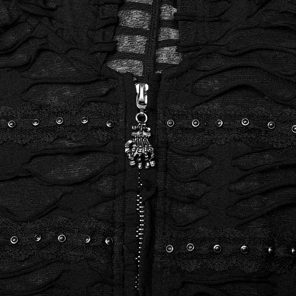 Close-up of the black lace mesh fabric and intricate zipper detailing on the Dark Wizard Coat.