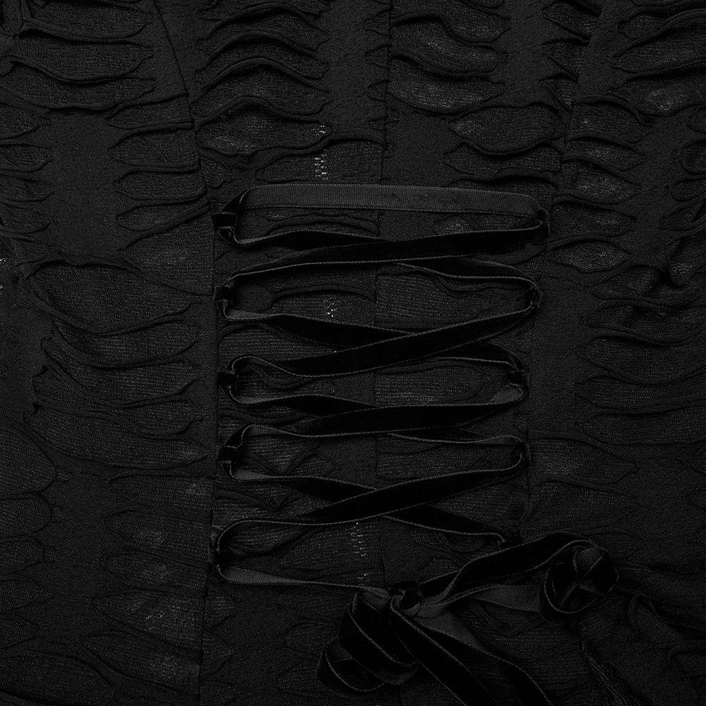 Close-up of the intricately laced bodice of an Enchanted Hooded Lace Dark Wizard Coat in black.