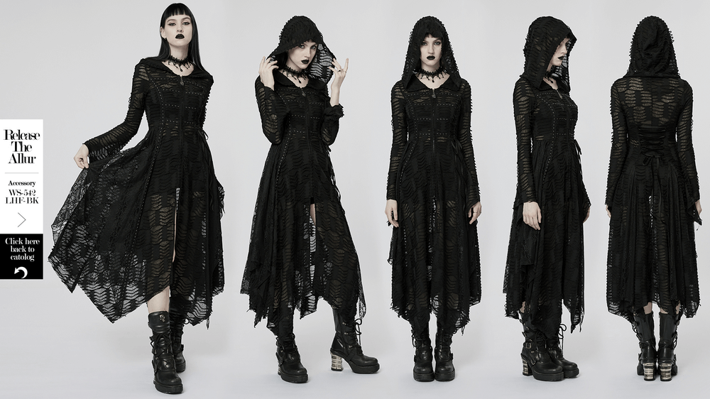 Enchanting dark wizard coat with oversized hood and lace mesh, perfect for mysterious elegance.