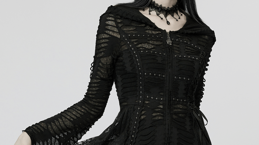 Stylish view of a black lace mesh dark wizard coat with oversized hood and rivet accents.
