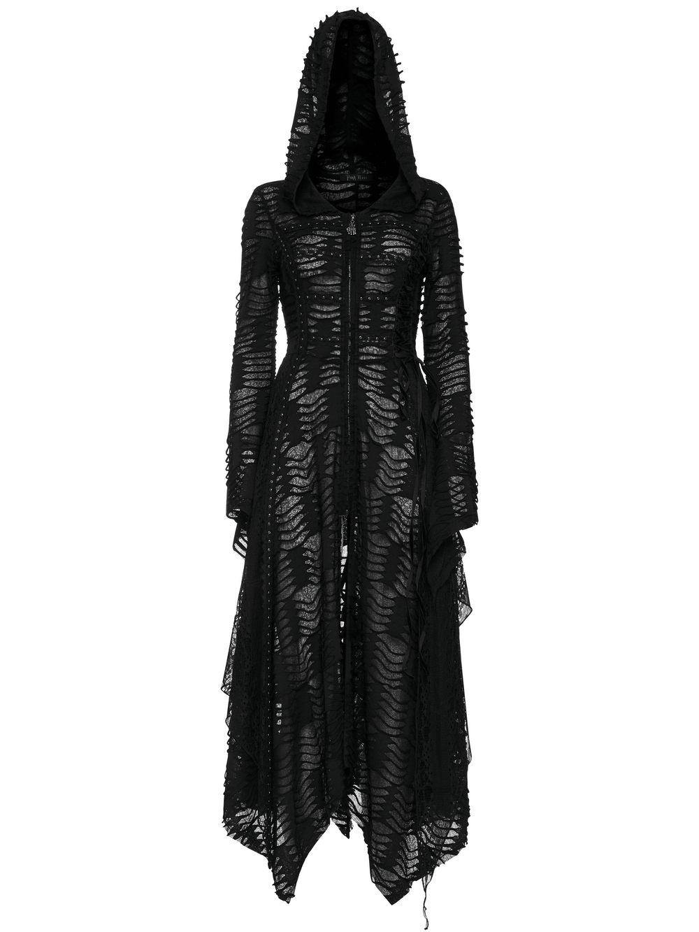 Mysterious black hooded lace mesh coat with rivet accents, perfect for dark wizard charm and elegance.