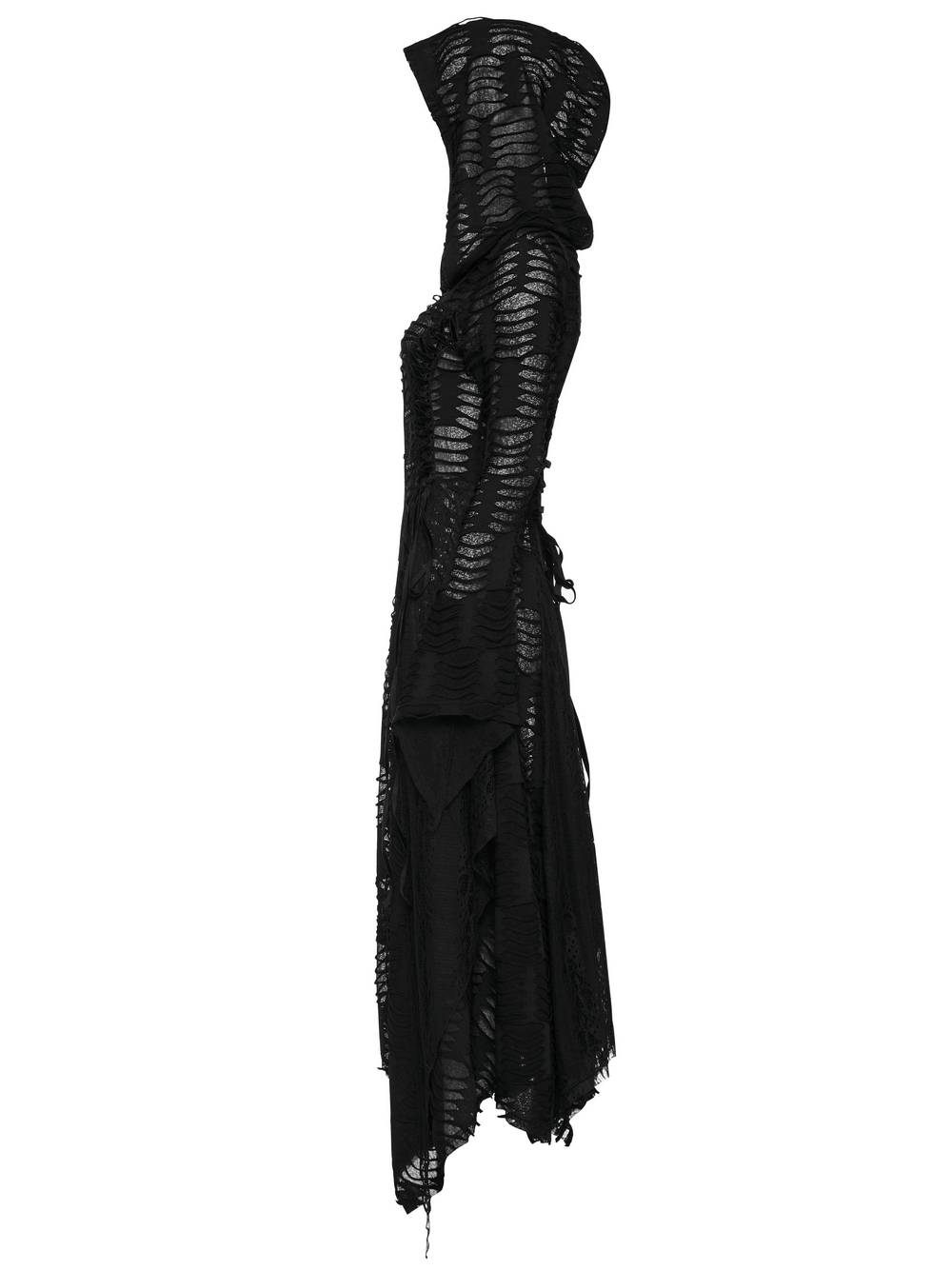 Side view of an Enchanted Hooded Lace Dark Wizard Coat with a unique lace mesh design and oversized hood.