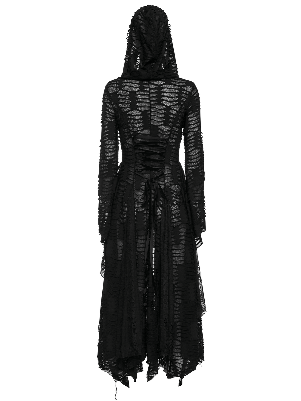Back view of the Enchanted Hooded Lace Dark Wizard Coat with oversized hood and flowing lace mesh design.