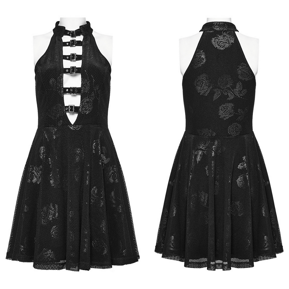 Gothic black velvet halter dress featuring striking rose print and cut-out design, perfect for a dramatic style statement.