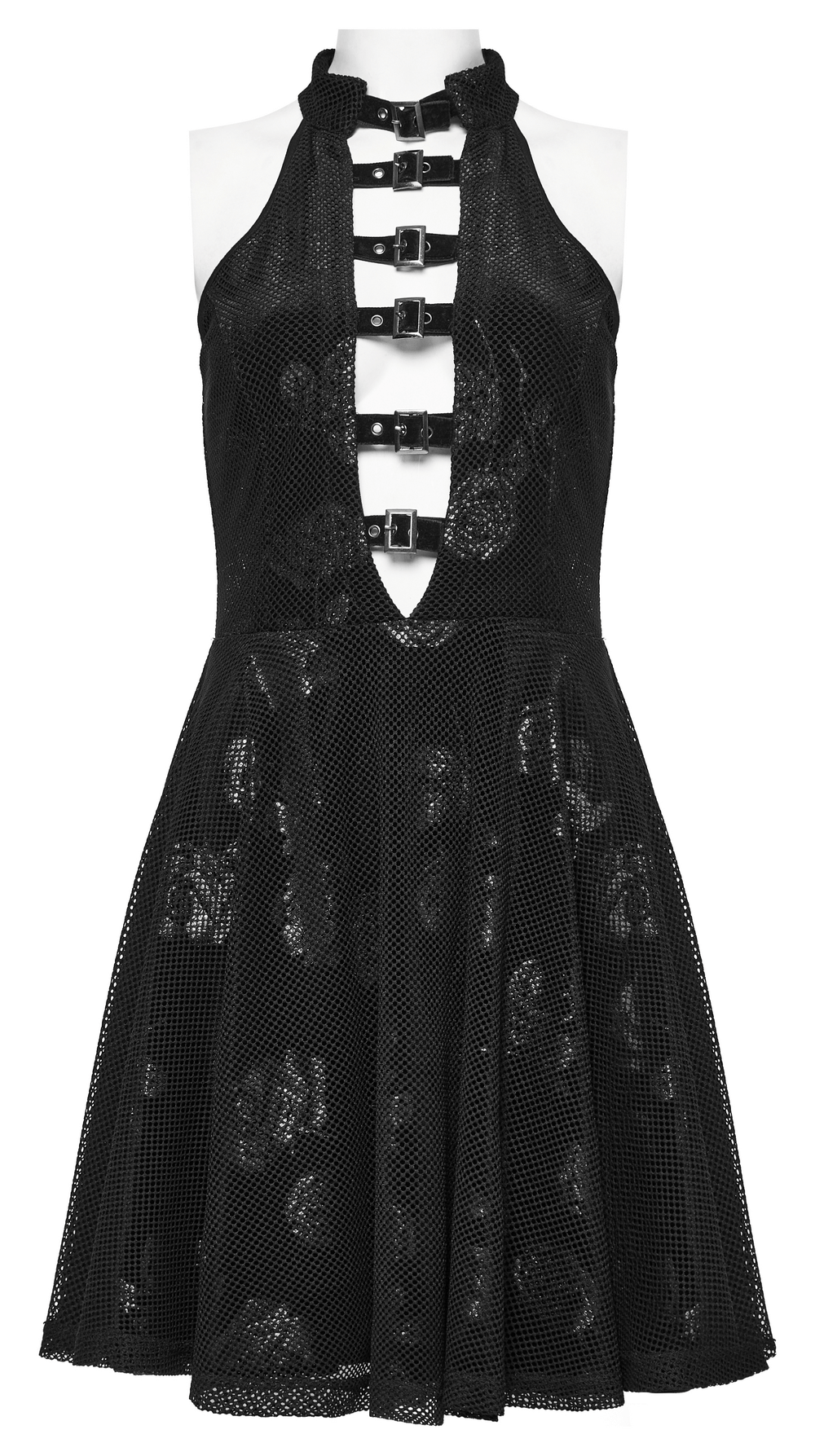 Black gothic halter dress with floral print, deep V-neckline, and buckle details, perfect for a daring style.