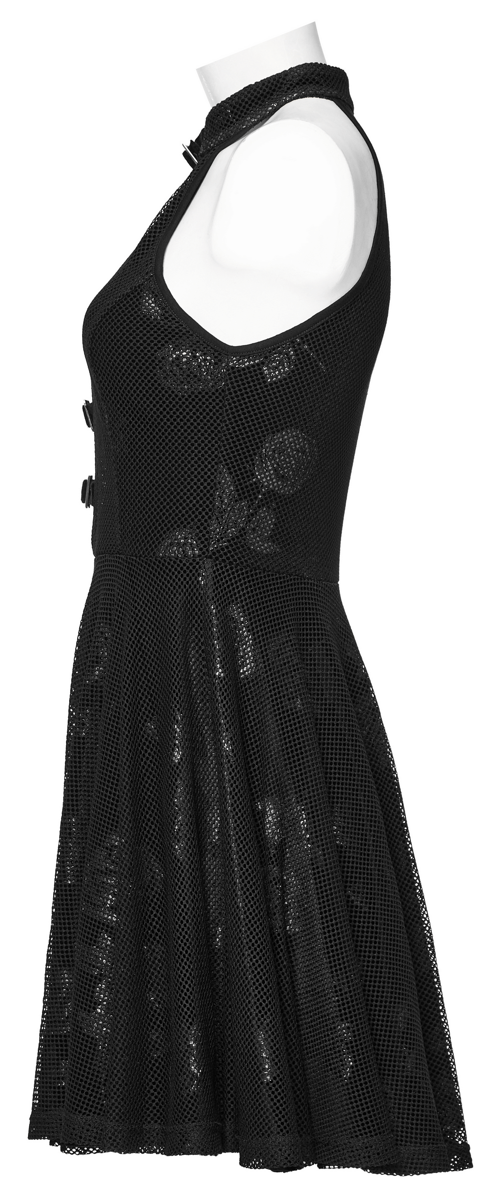 Side view of a black gothic velvet halter dress featuring a dramatic floral pattern and flared skirt.