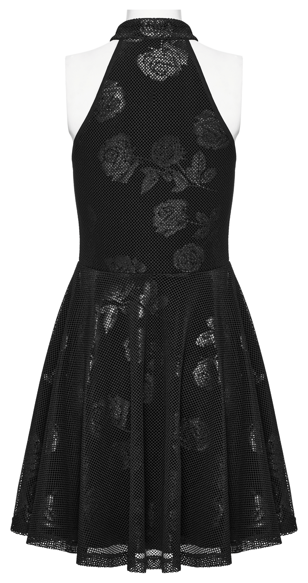 Back view of enchanting black gothic velvet halter dress with floral rose print and flared skirt.