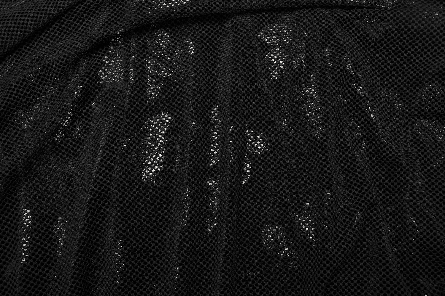 Close-up of black mesh fabric, showcasing a unique texture ideal for gothic or elegant fashion designs.
