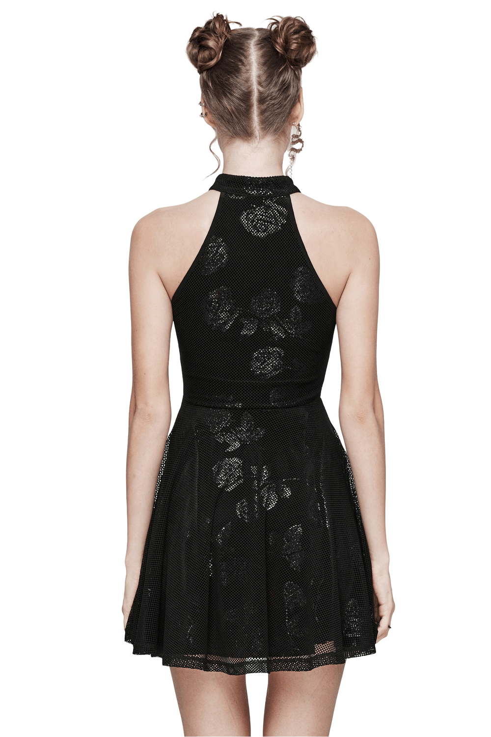 Back view of a black gothic velvet halter dress featuring a stunning rose print.