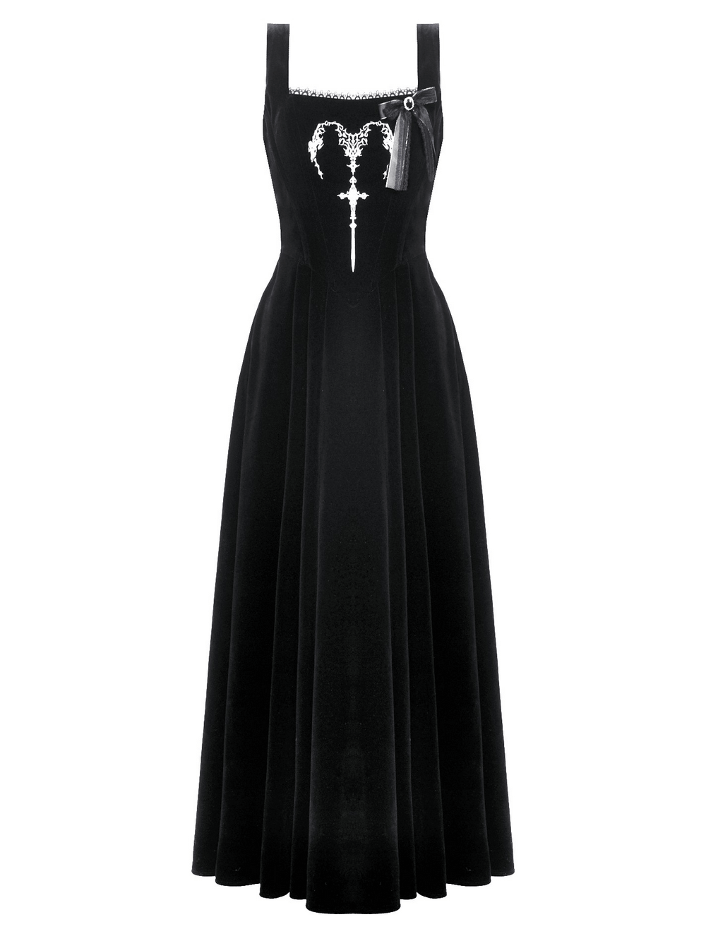Elegant black velvet long dress with lace-up back and silver accents, perfect for gothic-themed events.