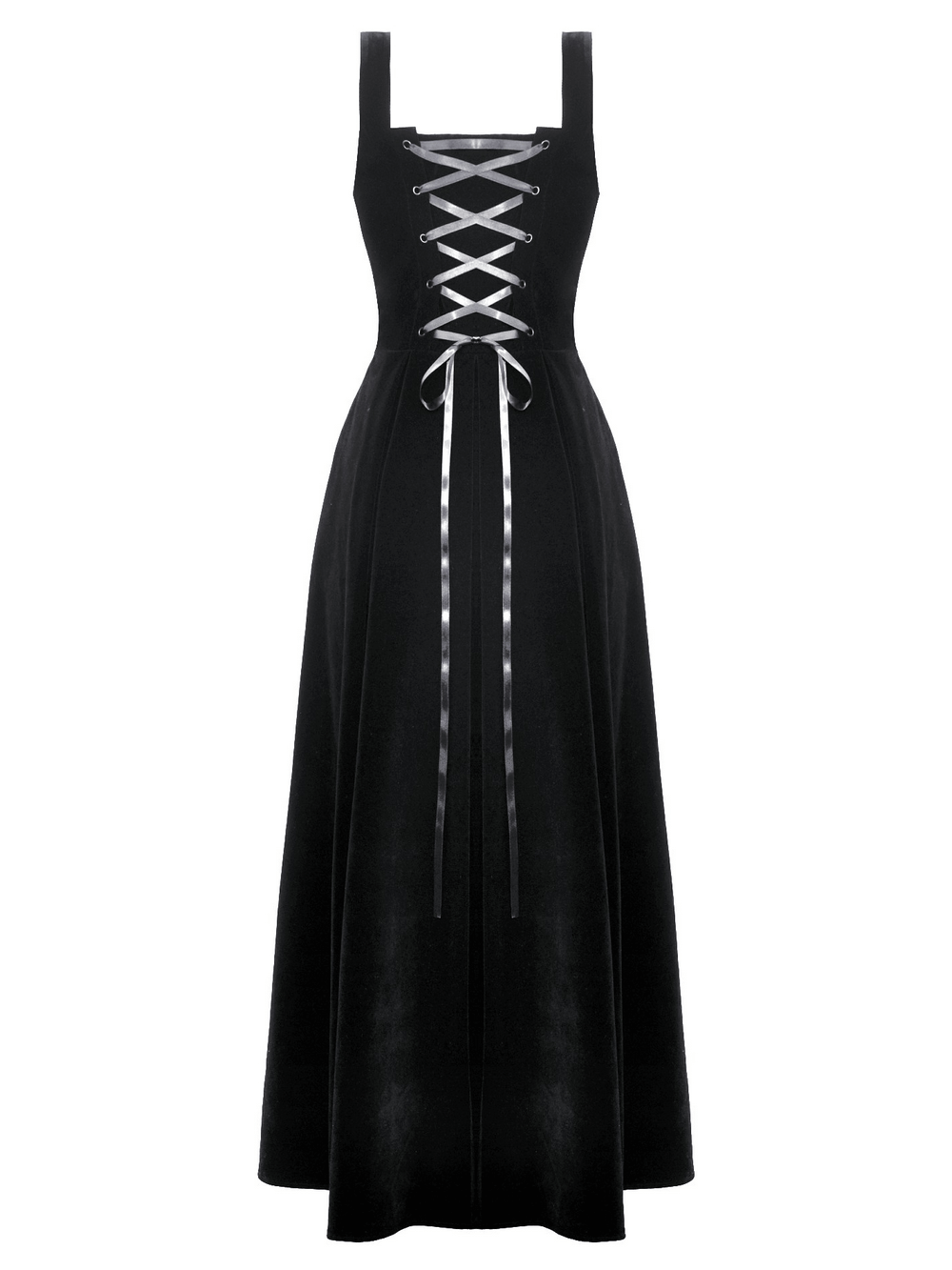 Enchanting black long dress with lace-up back and silver accents, perfect for gothic style at any event.