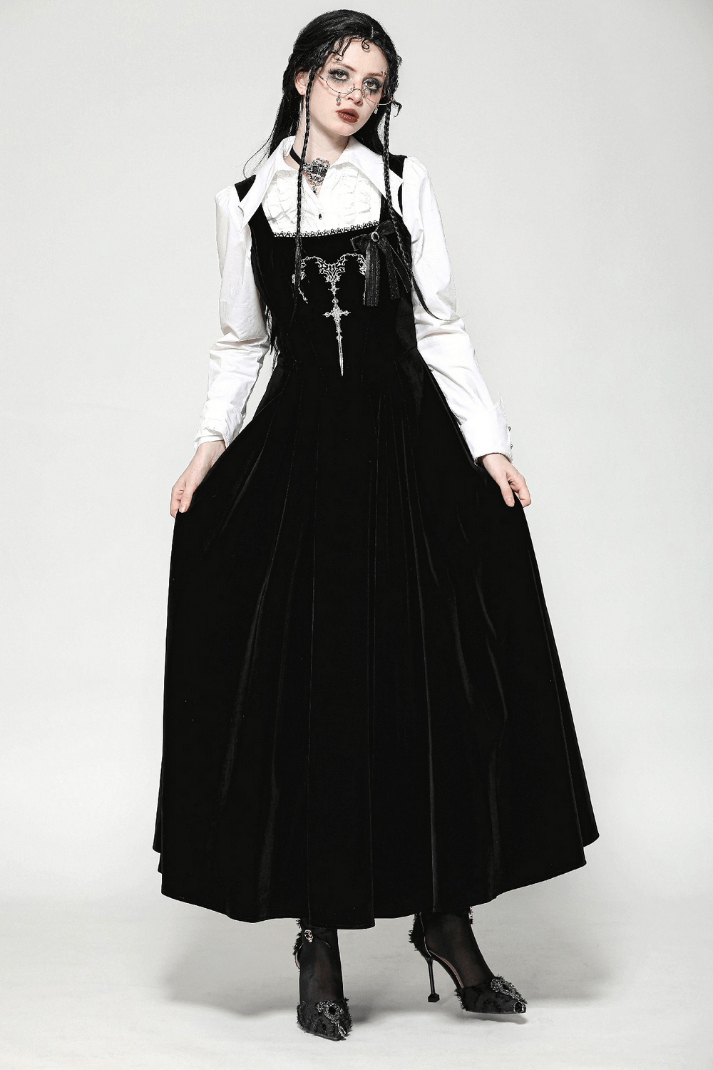 Gothic black long dress with lace-up back, velvet fabric, stylish corset design, perfect for striking appearances.