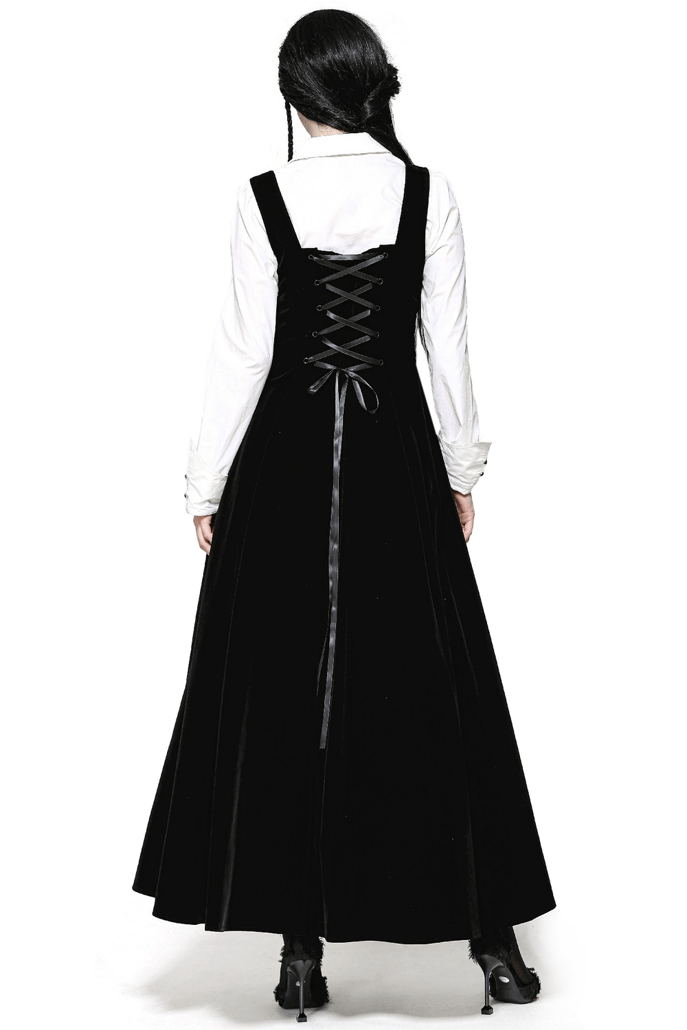 Back view of an enchanting black long dress with a lace-up corset, perfect for gothic events in elegant velvet.