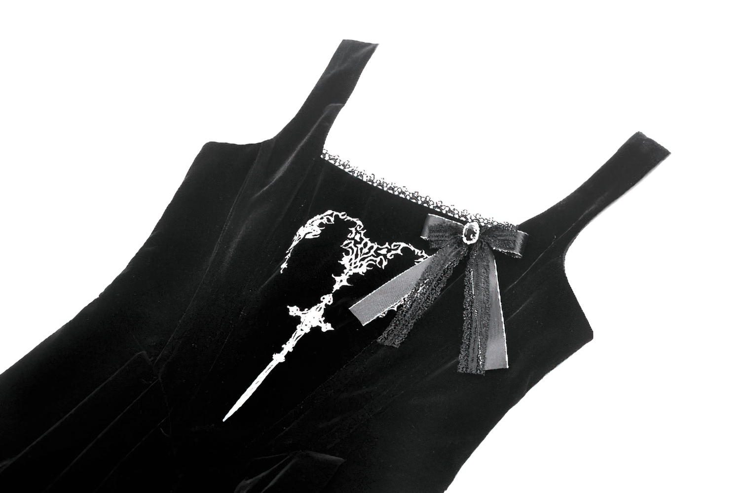 Elegant black velvet dress with lace details and silver accents, perfect for a gothic fashion statement.