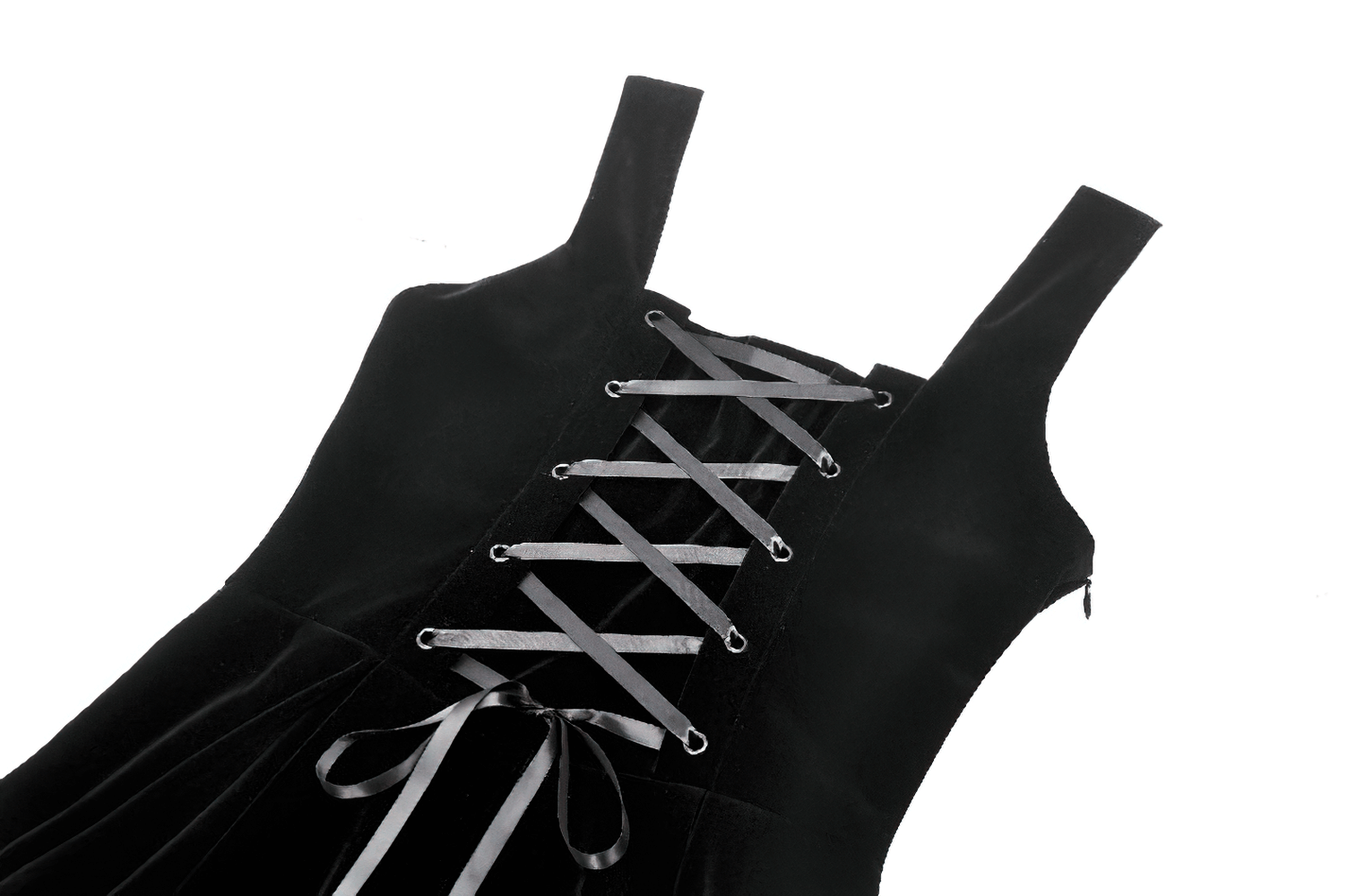 Black gothic dress with lace-up back and elegant velvet fabric, perfect for stylish events.