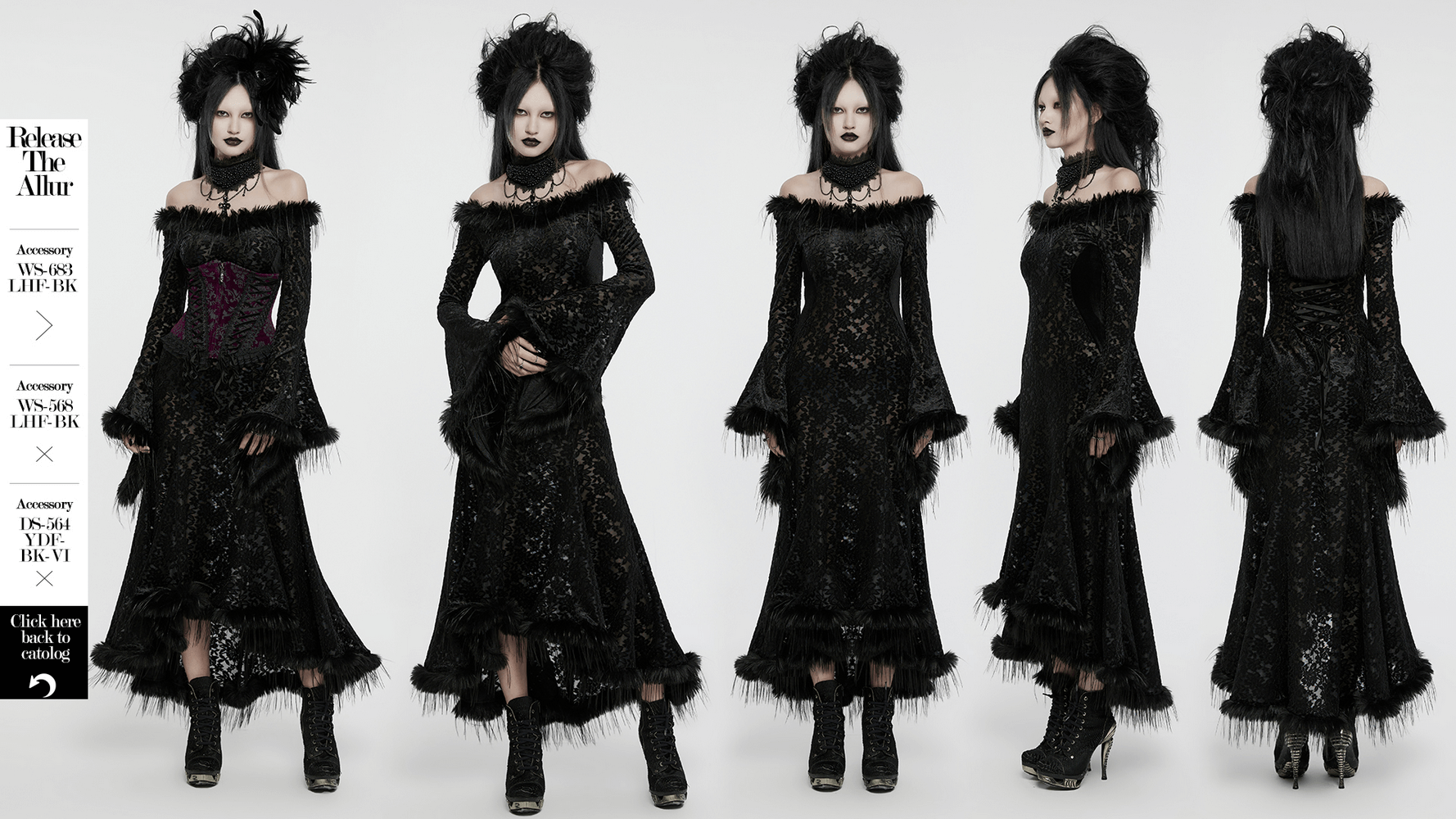 Enchanting gothic dress with fur-trimmed bell sleeves and velvet accents in black floral lace.