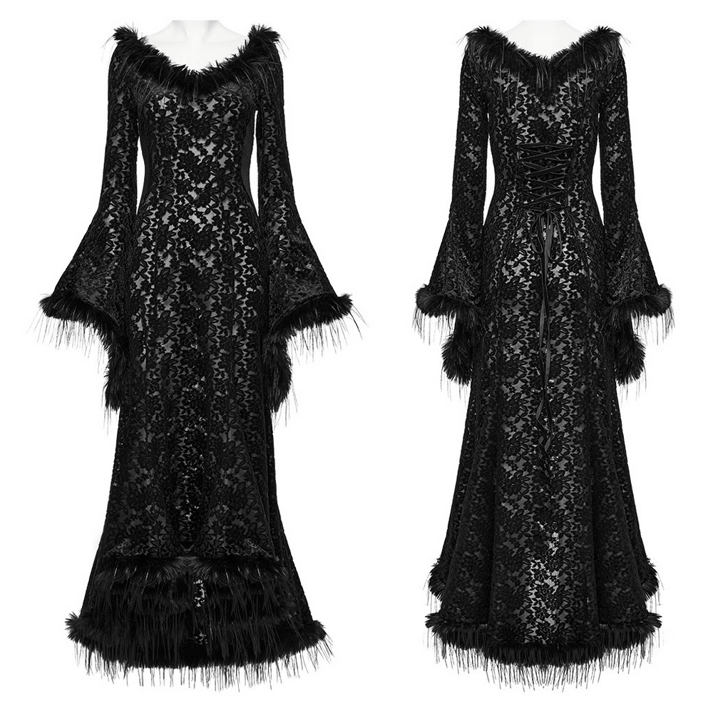 Enchanting gothic dress with fur-trimmed bell sleeves and lace accents, showcasing a dark romantic style.
