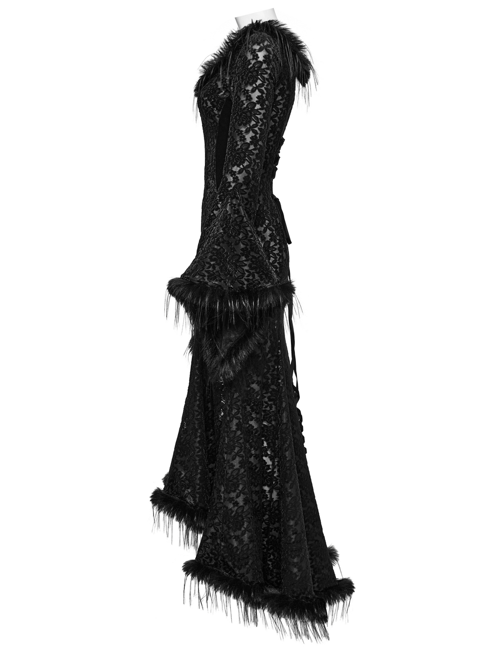 Enchanting Gothic dress with fur-trimmed bell sleeves and floral lace details, showcasing dark elegance.