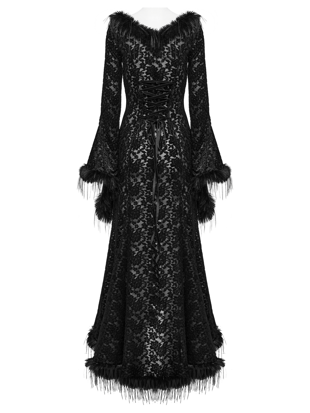 Enchanting gothic dress featuring fur-trimmed bell sleeves, lace detailing, and a flowing high-low hemline.