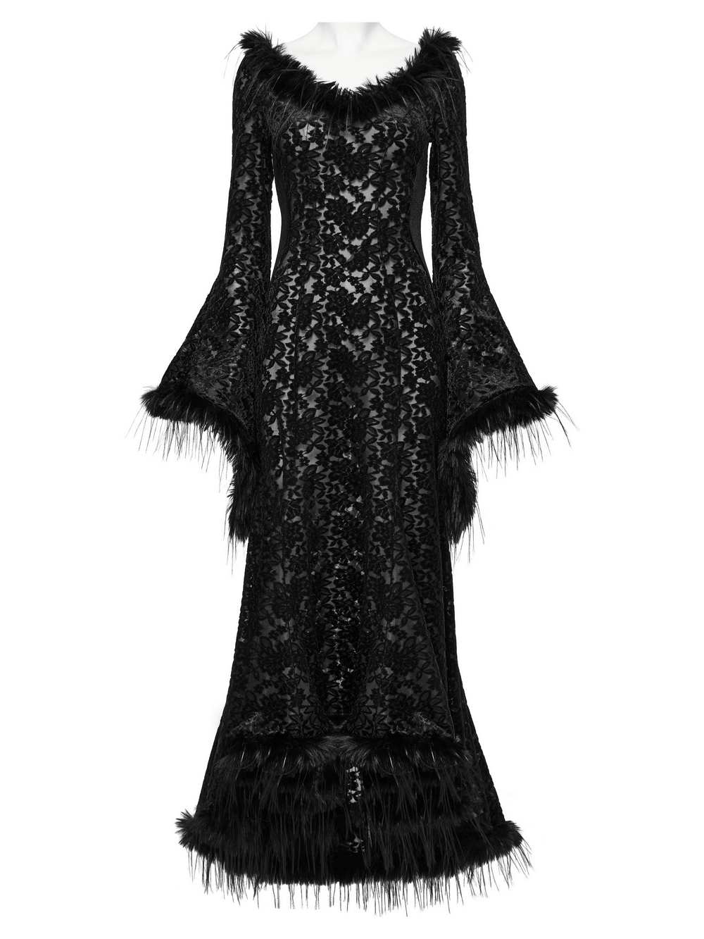 Enchanting gothic dress with velvet and fur-trimmed bell sleeves, featuring dark romance lace and a high-low hemline.