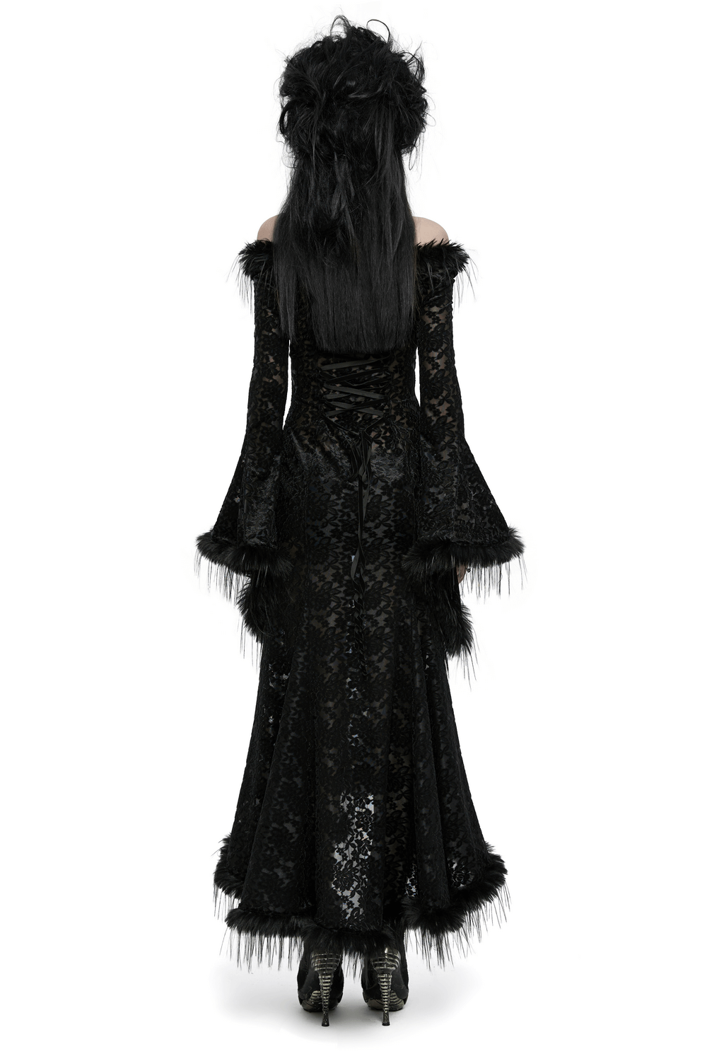 Back view of an enchanting gothic dress with fur-trimmed sleeves and lace, showcasing dark romance and elegance.