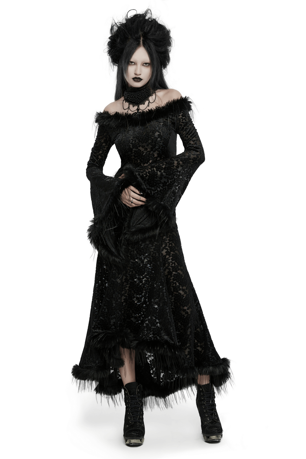 Enchanting Gothic dress with fur-trimmed bell sleeves and dark lace accents, perfect for a romantic, dark elegance look.