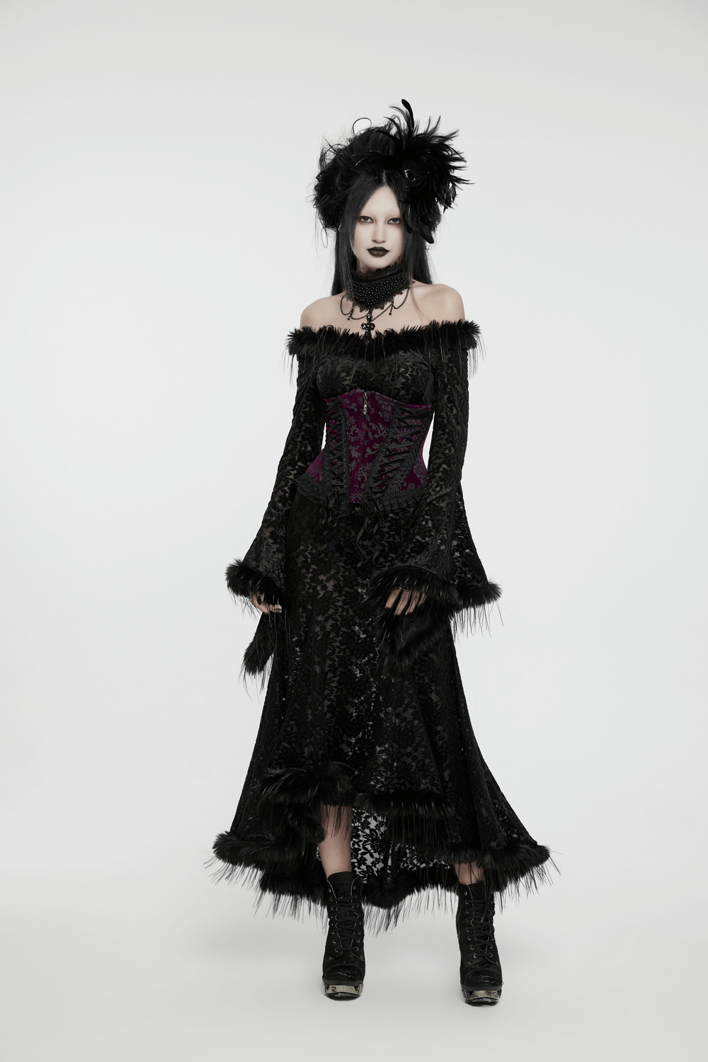 Gothic dress featuring off-shoulder design, fur-trimmed bell sleeves, velvet accents, and a high-low hemline in dark romantic style.