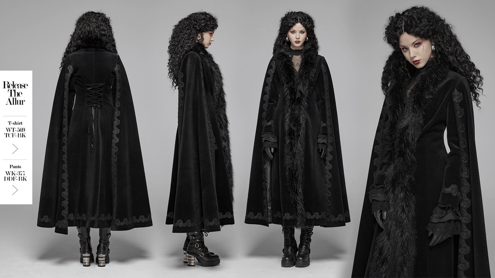 Gothic vintage long coat in luxe velvet with fur trim, showcasing elegant cloak sleeves and lace-up back detail.
