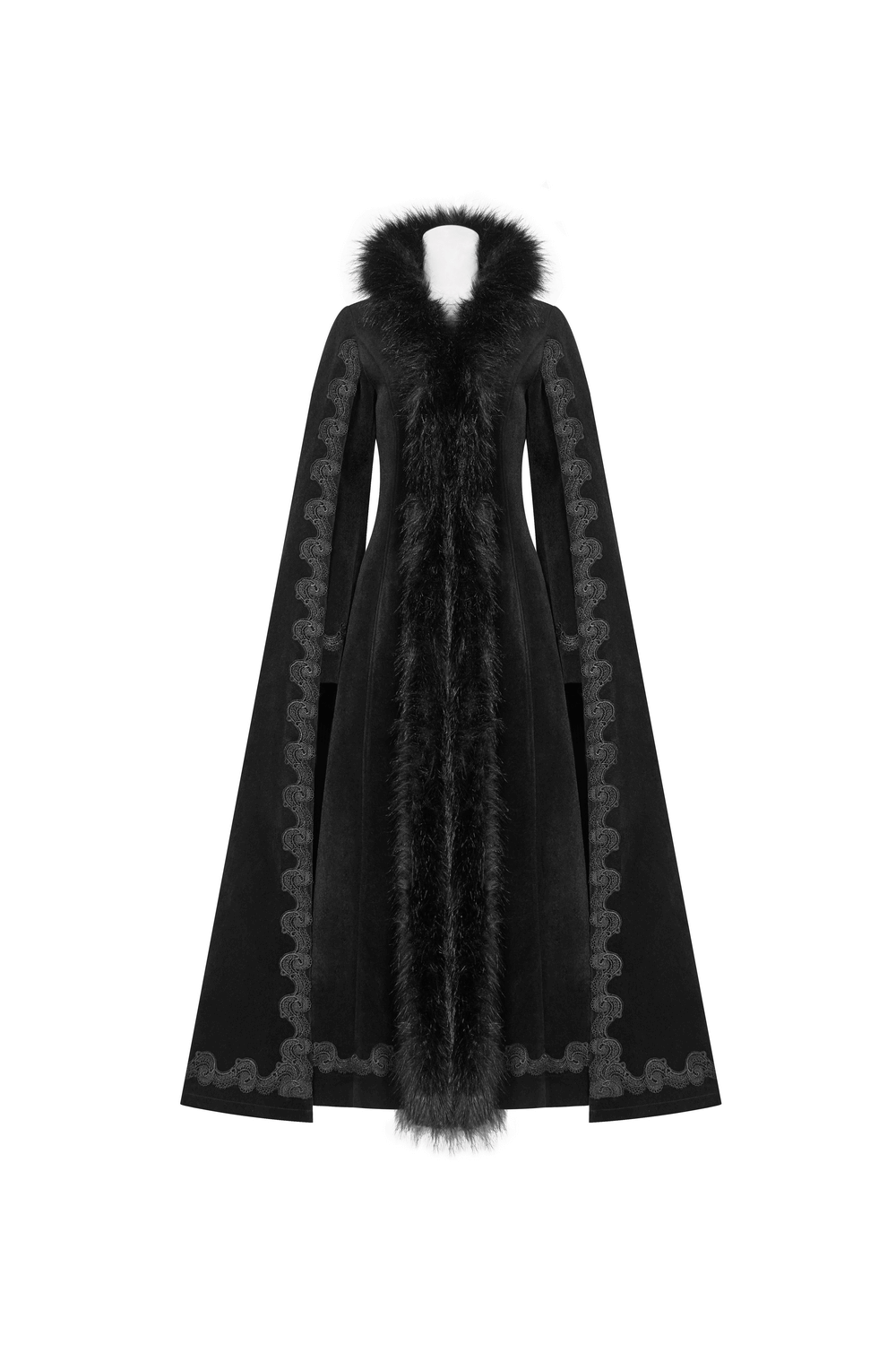 Gothic vintage velvet long coat with faux fur trim, dramatic cloak-style sleeves, and elegant lace detailing.