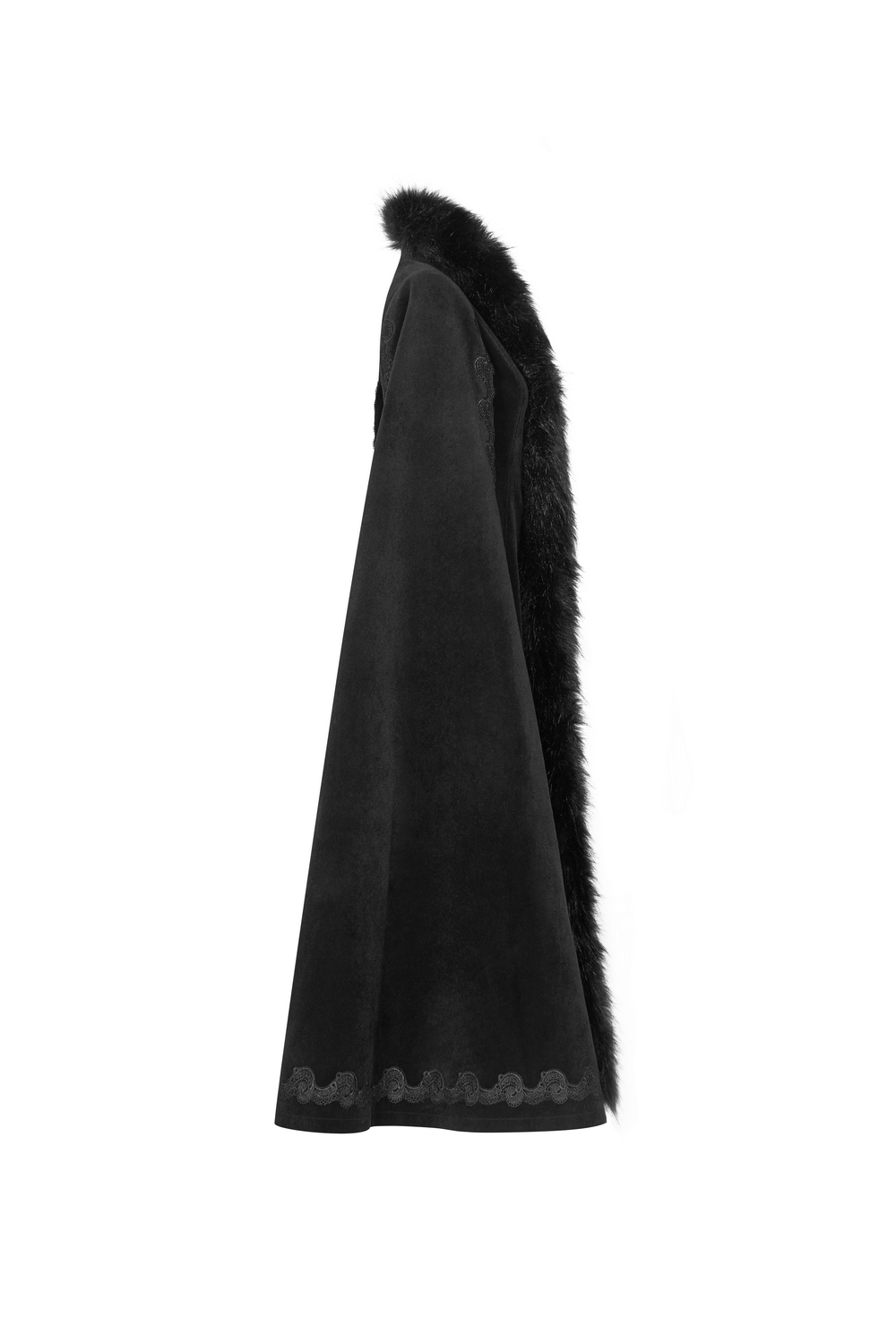 Side view of an enchanting Gothic vintage velvet long coat with faux fur, showcasing dramatic cloak-style sleeves.