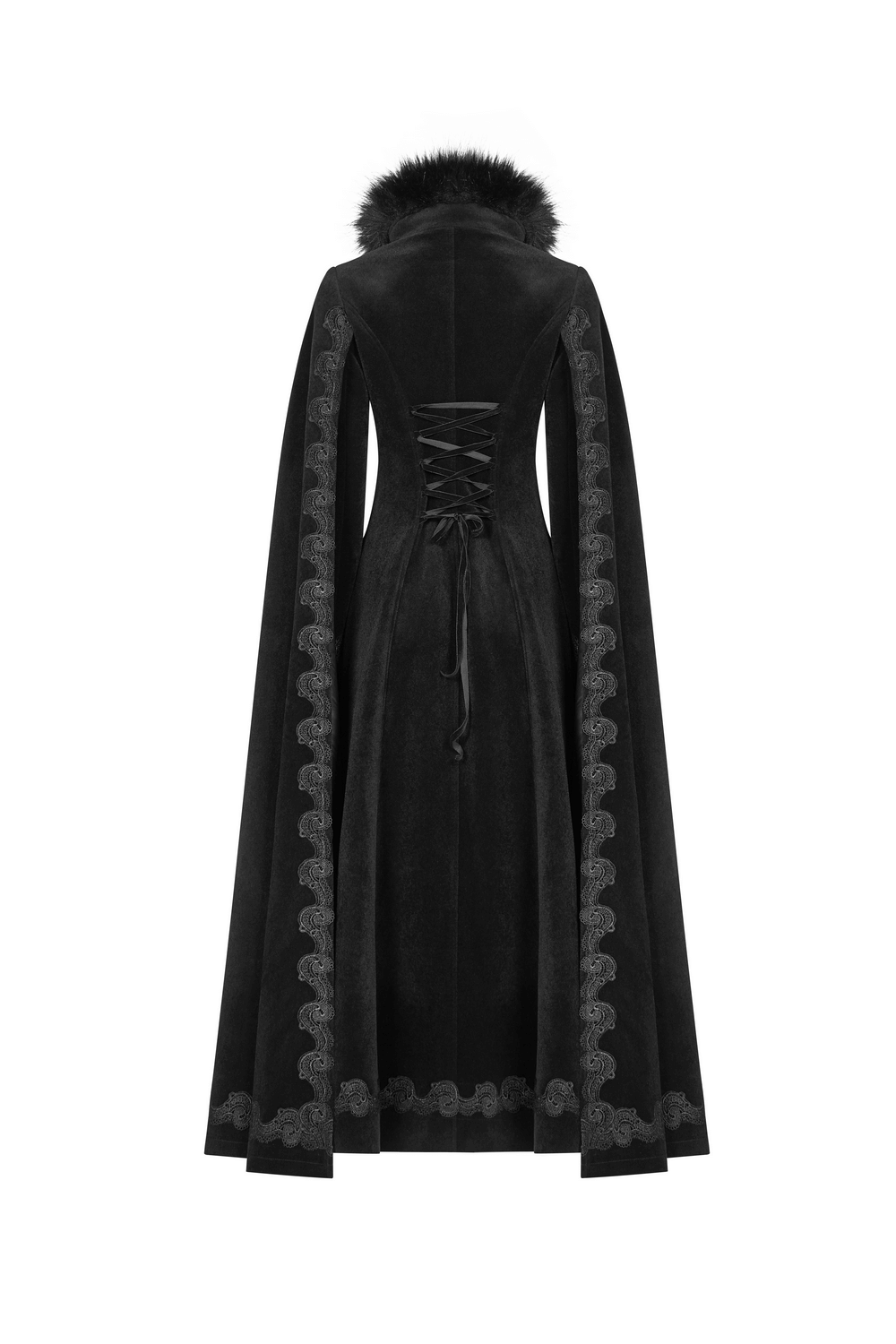 Back view of Gothic Vintage Velvet Long Coat with fur collar, lace-up back, and cloak-style sleeves.
