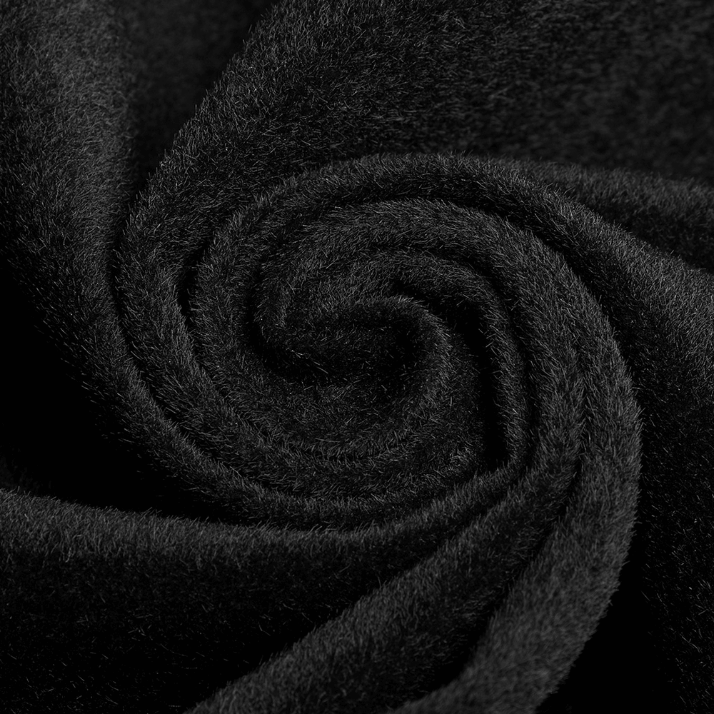 Close-up of luxurious black velvet fabric, perfect for a gothic vintage long coat with fur detailing.