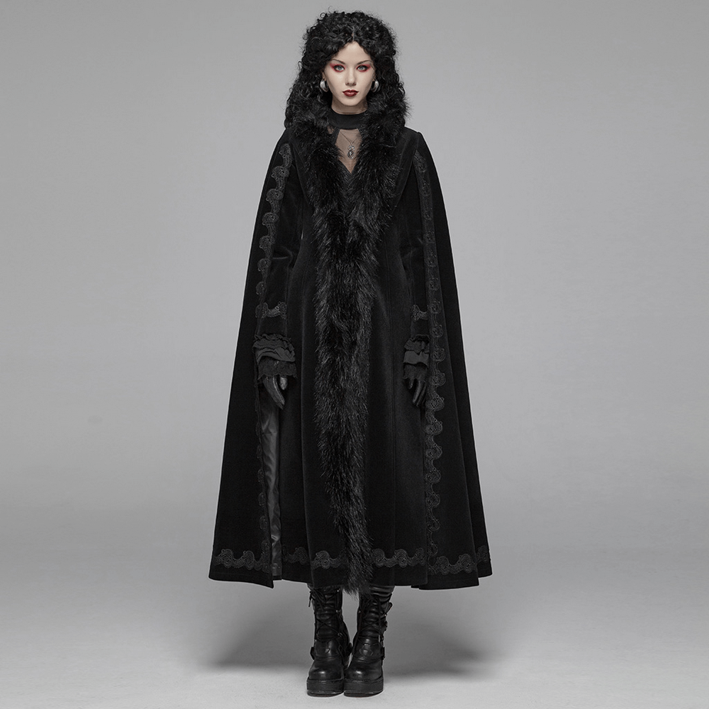 Enchanting Gothic Vintage Velvet Long Coat with faux fur, featuring cloak-style sleeves and dramatic silhouette.