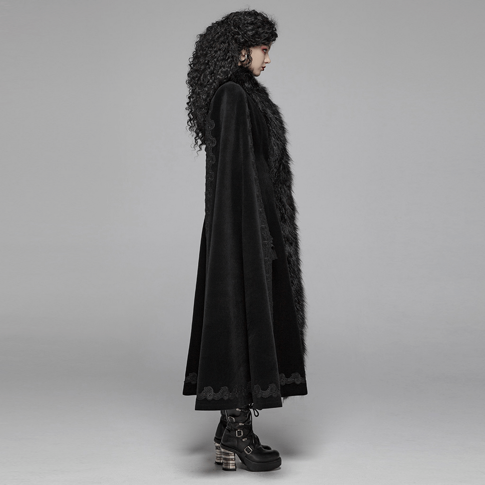 Enchanting Gothic vintage velvet long coat with fur, showcasing dramatic cloak sleeves and sleek silhouette.