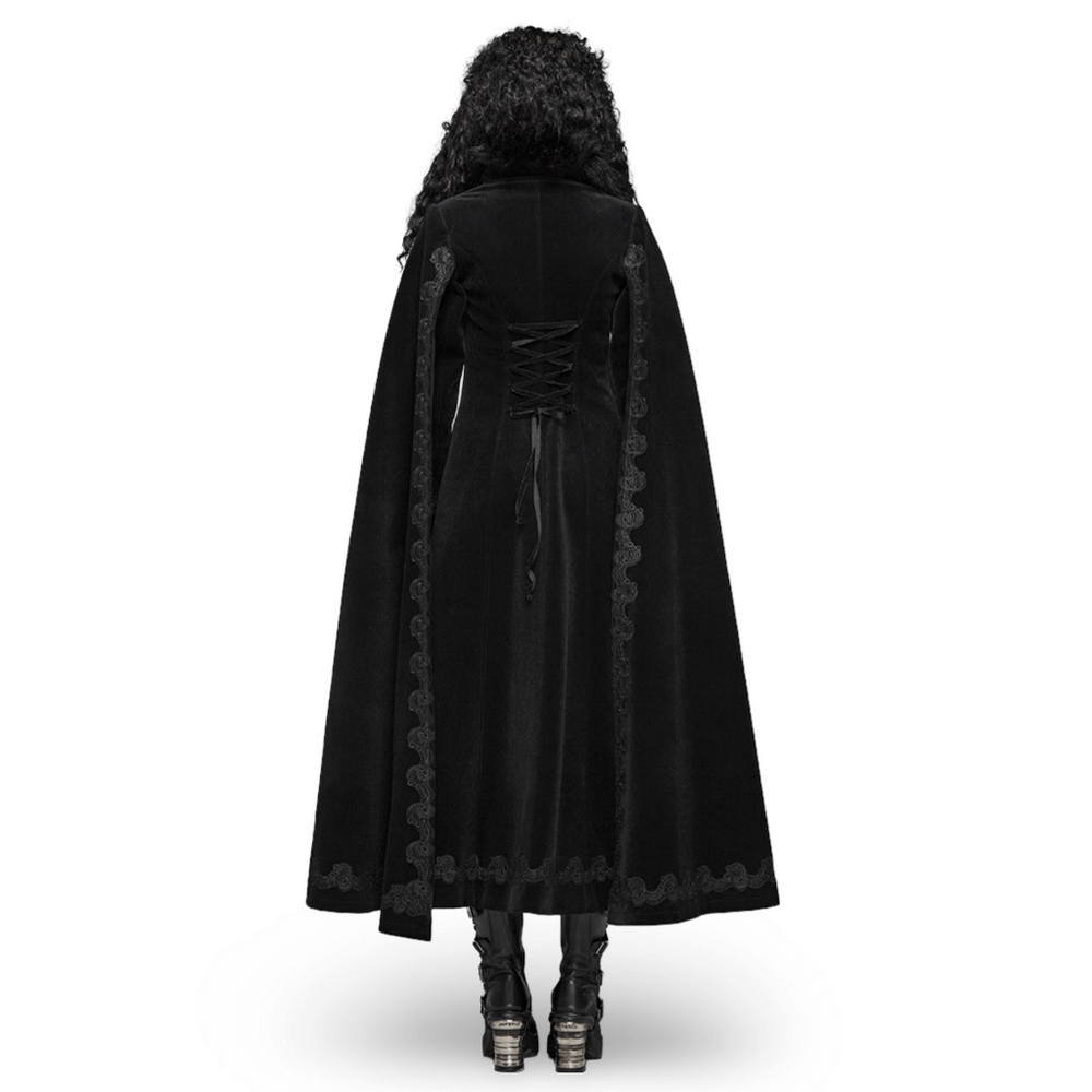 Back view of a Gothic Vintage Velvet Long Coat with faux fur and lace-up detail, showcasing dramatic cloak-style sleeves.