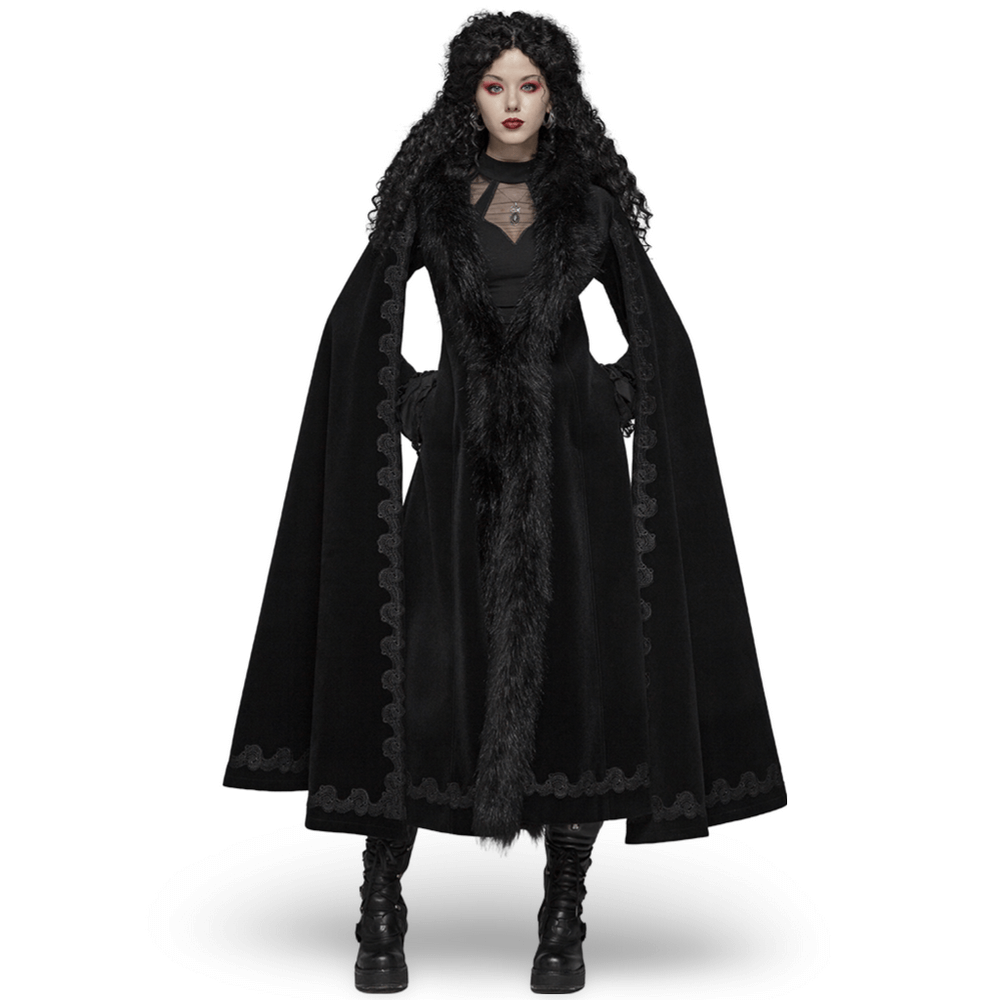 Elegant Gothic vintage long coat in black velvet with faux fur, featuring cloak-style sleeves and lace-up back.