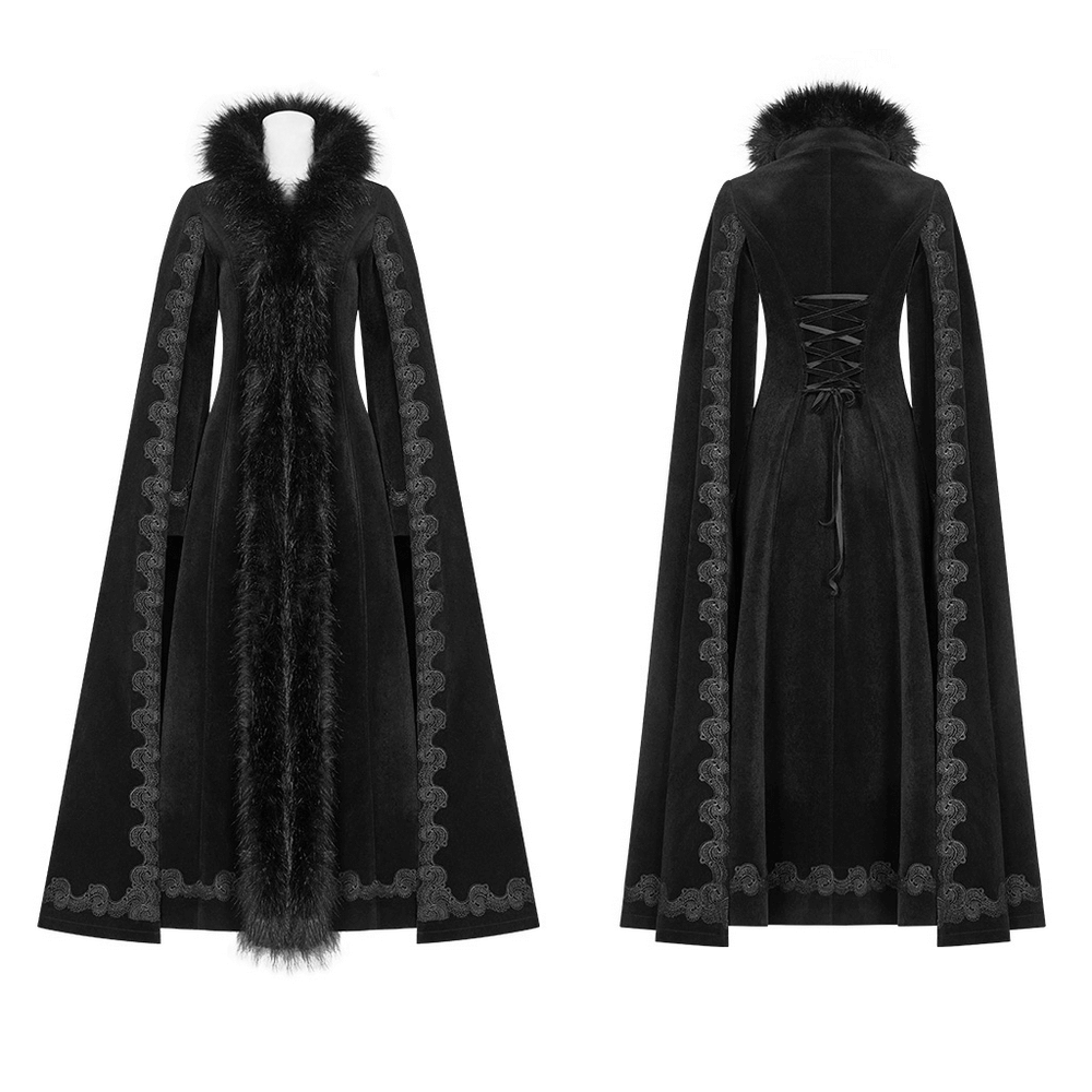 Gothic vintage long coat in luxurious black velvet featuring faux fur collar and lace-up back, perfect for elegant, dramatic style.