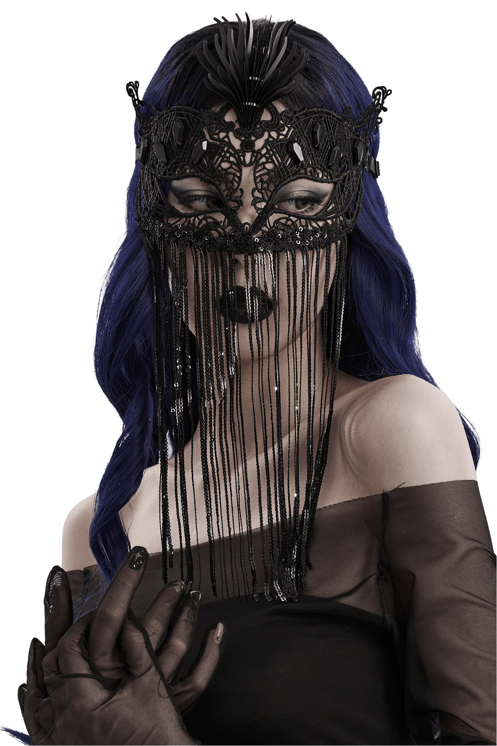 Gothic lace eye mask with sequin tassels and fringe, enhancing mystery and allure in a captivating design.